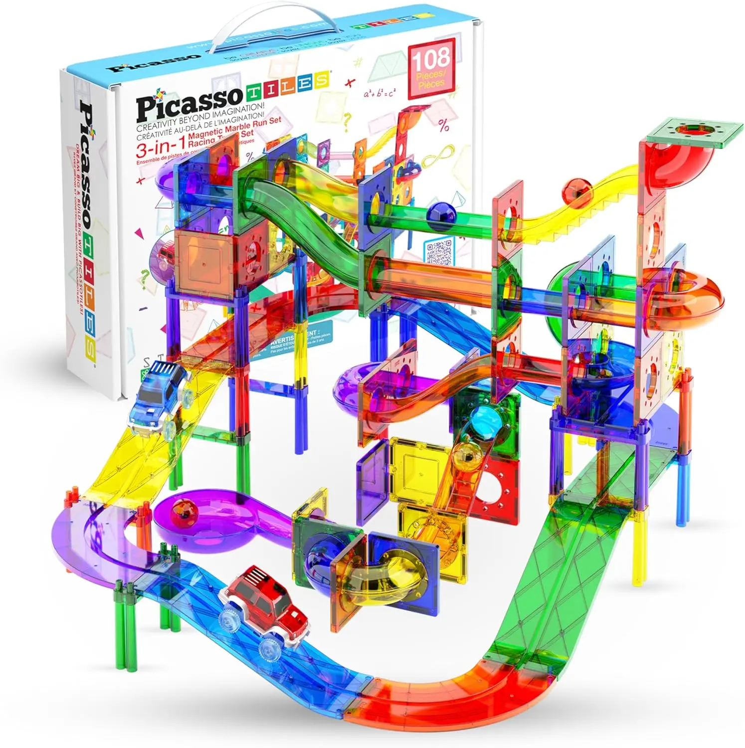 odoo-PTG108-1767297908.jpg 108 Piece 3-in-1 Magnetic Marble Run & Racing Track Set – PicassoTiles - Image 1