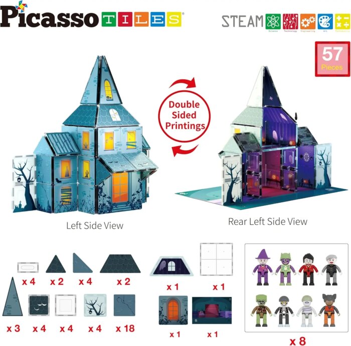 57 Piece Double-Sided Haunted Castle Magnetic Building Set– PicassoTiles - Image 6